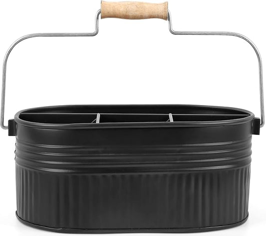 Alpha Living Home Galvanized Utensil Caddy with Handle, 4-Compartment Flatware Organizer for Kitchen Counter, Buffet, BBQ, Picnic, Party – Rustic Farmhouse Style, Matte Black Metal Storage Bin