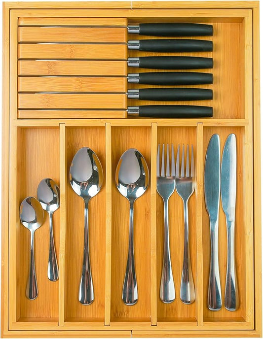 Wencrfat Silverware Drawer Organizer with Removable Knife Block and Dividers, Expandable Bamboo Kitchen Drawer Organizer, Flatware Utensil Cutlery Organizer for Drawer 8 Compartments
