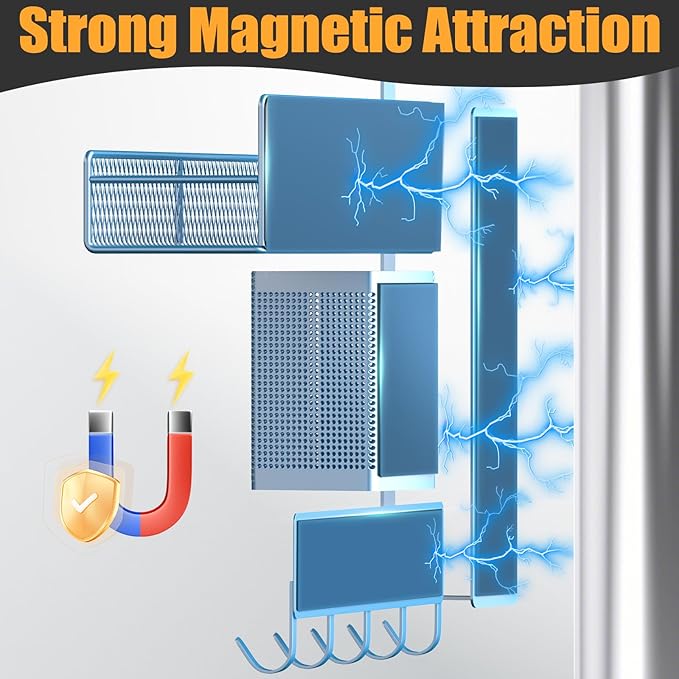 Magnetic Spice Rack for Refrigerator, 7 Pack Metal Magnetic Shelf Blue, Moveable Spice Organizer with Hook Rack, Paper Towel Holder, Kitchenware Holder, Strong Magnetic Storage Fridge Organizer