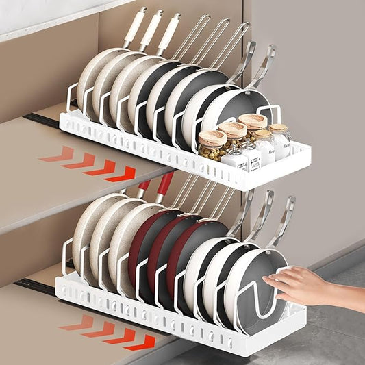 2 Pcs Pull-Out Pots and Pans Organizer Under Cabinet, Pot and Pan Organizers Inside Cabinet for Kitchen Cabinet Storage and Pots Storage Rack Pans Lid Dishes Holder Bakeware Organizer (white)