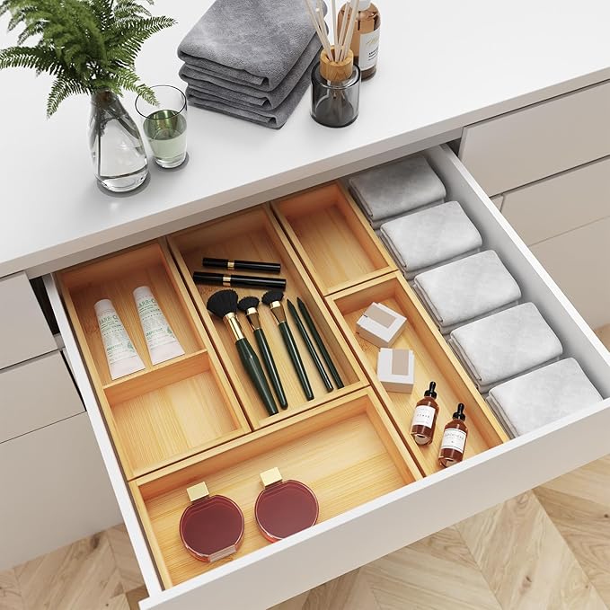 Bamboo Drawer Organizer Boxes Set, 5-Piece Multi-use Drawer Dividers Storage Trays for Kitchen Utensils, Makeup Jewelry, Office Supplies