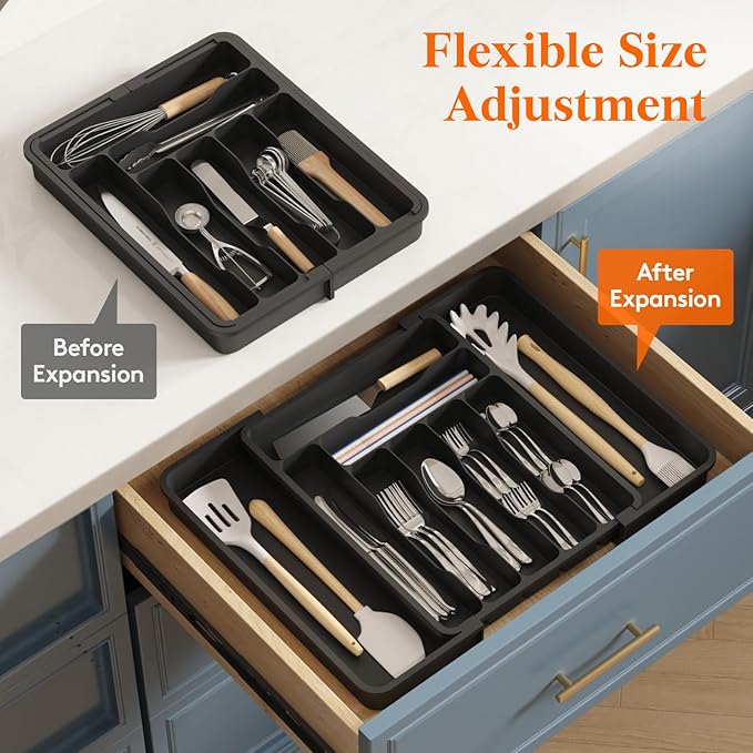 Lifewit Silverware Drawer Organizer, Expandable Utensil Organizer for Kitchen Drawers, Adjustable Cutlery and Flatware Tray, Plastic Spoons Forks Knives Holder Storage Dividers, Medium, Black