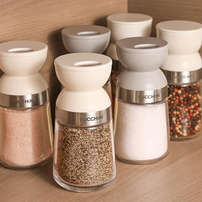 Vucchini Salt and Pepper Shaker Set 3 Adjustable Pour Holes, Dishwasher Safe, 5oz Large Capacity Spice Shaker for Kitchen & Camping (Cream)