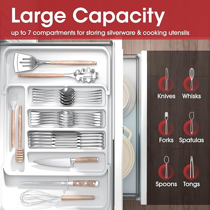 Aujen Expandable Kitchen Drawer Organizer - Adjustable Utensil Organizer, Multipurpose Storage Solution for Forks, Knives, White
