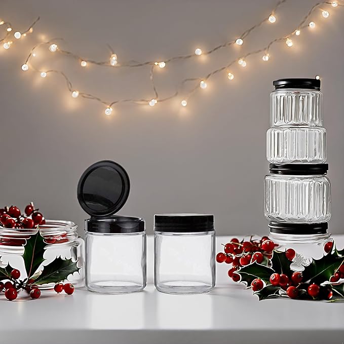 Jarming Collections Mason Jars - 16 oz Glass Extra Wide Mouth Pint Storage Jars with Black Flip Lids - Made in USA