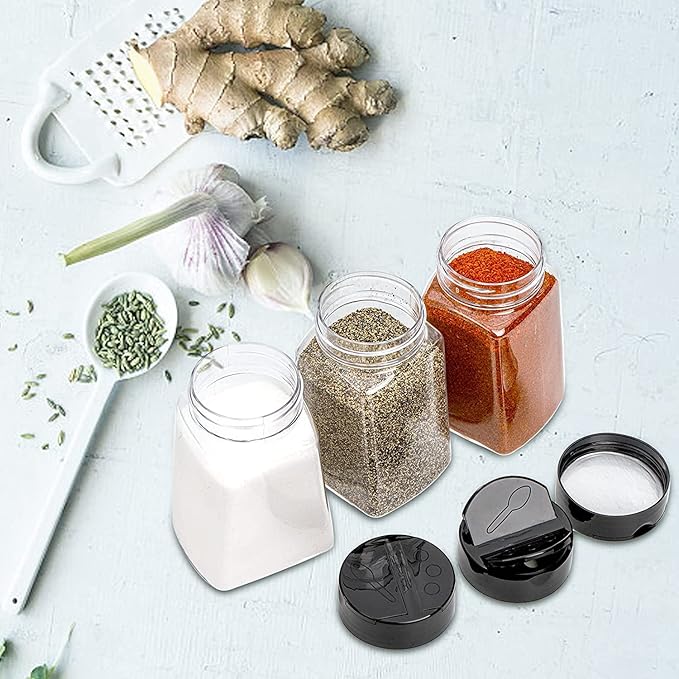 Tebery 24 Pack Clear Plastic Spice Jars with Black Flap Cap, 9OZ Seasoning Jars Storage Container Bottle To Pour Or Sifter Shaker for Storing Spice, Herbs and Powders