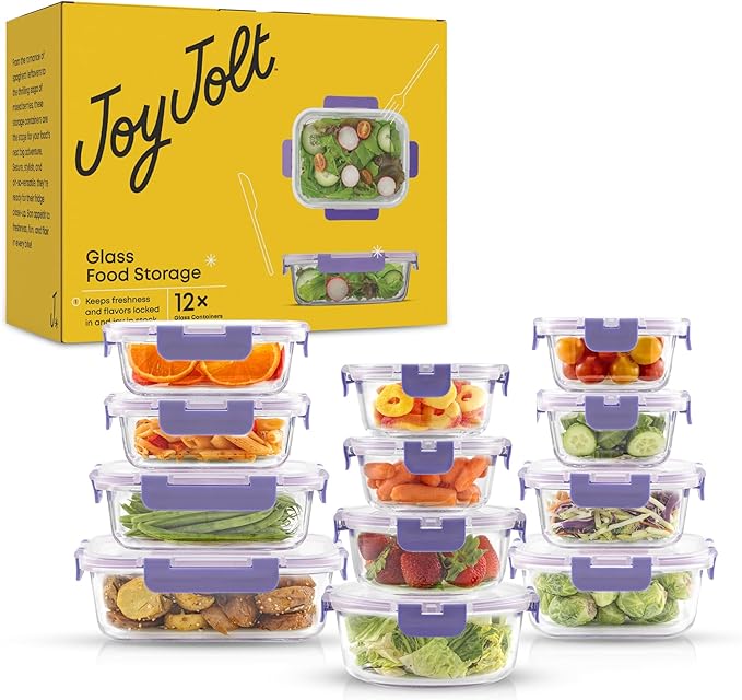 JoyJolt 24pc Borosilicate Glass Storage Containers with Lids. 12 Airtight, Freezer Safe Food Storage Containers, Pantry Kitchen Storage Containers, Glass Meal Prep Container for Lunch