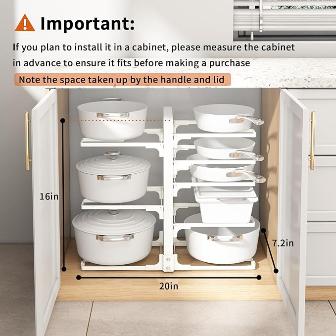 Adjustable Pots and Pans Organizer Under Cabinet, 8-Tier Pot and Pan Organizers Inside Cabinet, Kitchen Cabinet Organizers and Storage, White