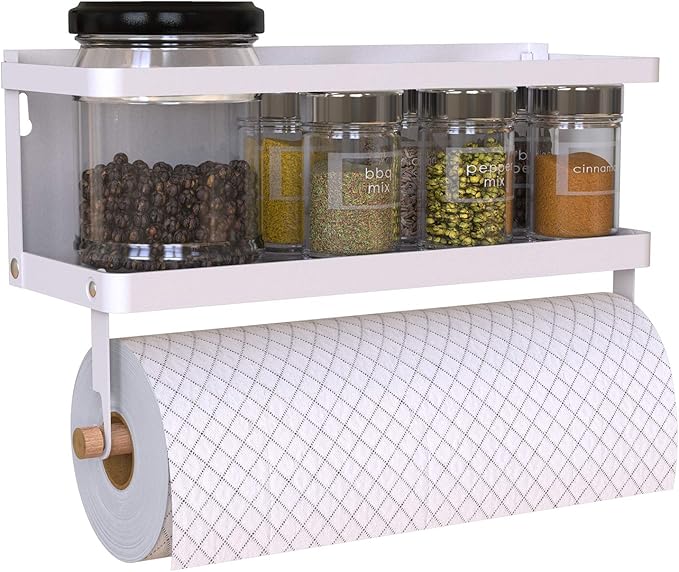 Magnetic Spice Rack Organizer Single Tier Refrigerator Spice Storage Shelf, Easy to Install The Side of The Refrigerator Can Hold spices, Jar of Olive Oil (White, With hook)