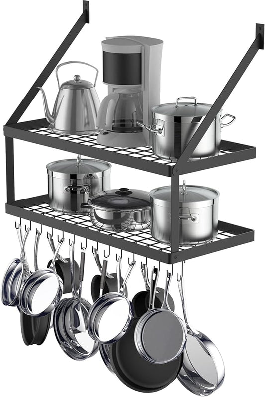 Square Grid Wall Mount Pot Rack with 2-Tier 15 Hooks, Kitchen Cookware Hanging Organizer Storage Shelf, 29.5 by 13.7-inch Black, KPR300B-BK