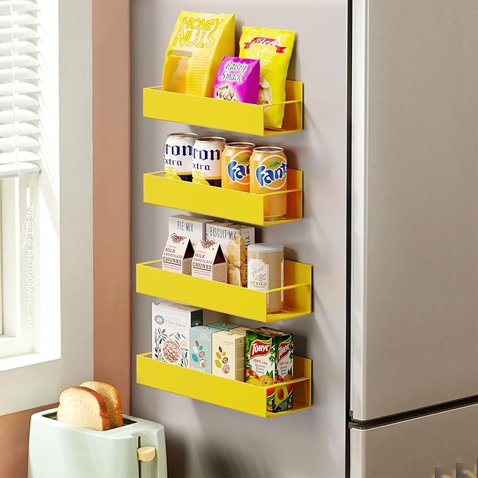 4 Pack Moveable Fridge Magnetic Spice Racks,Metal Yellow