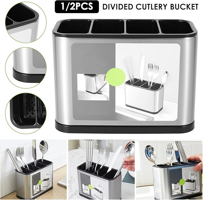 2PCS Silverware Cutlery Organizer, Stainless Steel Kitchen Utensil Holder with 4 Compartments for Counter, Caddy Organizer for Faltware Spoon Fork and Tool