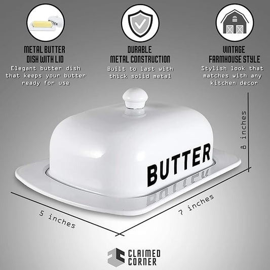 Metal Storage Canisters and Containers for Home and Kitchen Organization, Function, and Decor (White Butter Dish)