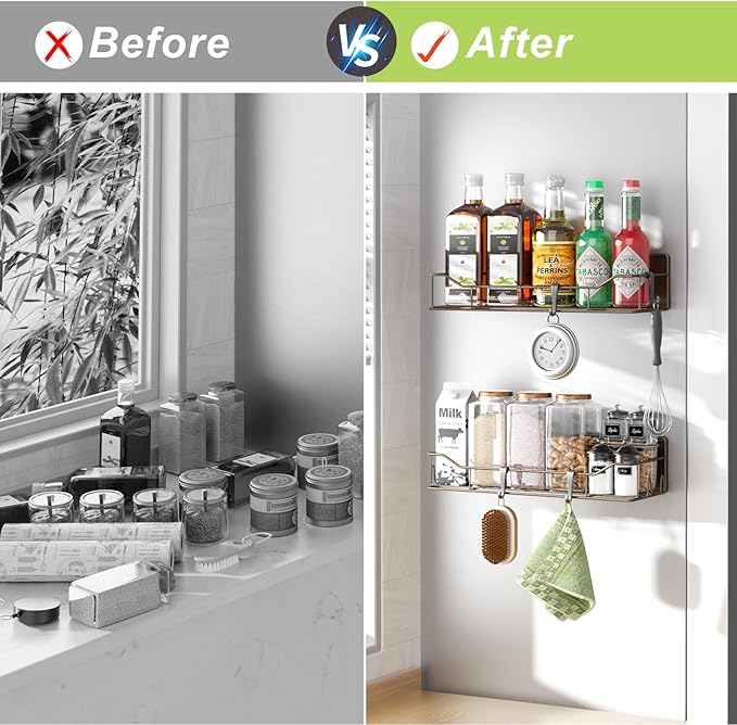 Magnetic Spice Rack for Refrigerator, 2 Pack Strong Magnet Spice Organizer Shelves with Hooks, Magnetic Fridge Shelf for Kitchen Organization and Storage, Seasoning Organizer Gadgets (Brown)