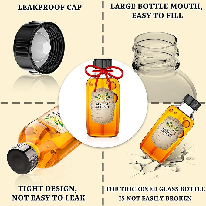 2 oz Clear Glass Bottle Boston Round Bottles with Caps Homemade Vanilla Extract Bottles and 8 Pcs Vanilla Extract Stickers for Syrup Gift Glass Food Storage Canister Set Sauce Beans (8 Packs)