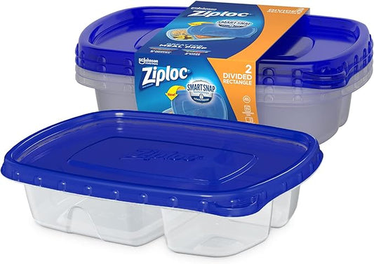 Ziploc Food Storage Meal Prep Containers Reusable for Kitchen Organization, Smart Snap Technology, Dishwasher Safe, Divided Rectangle, 2 Count