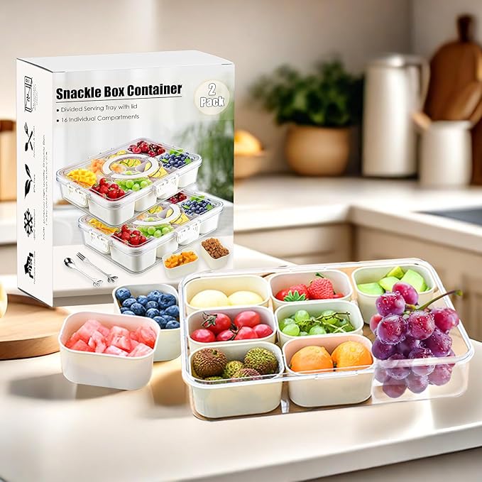 Snackle Box Container: Divided Serving Tray with Lid and Handle, Includes 8 Compartments for Dry Fruit Snack Box, Portable Fruit Tray Great for Kitchen, Party, Picnic, Travel
