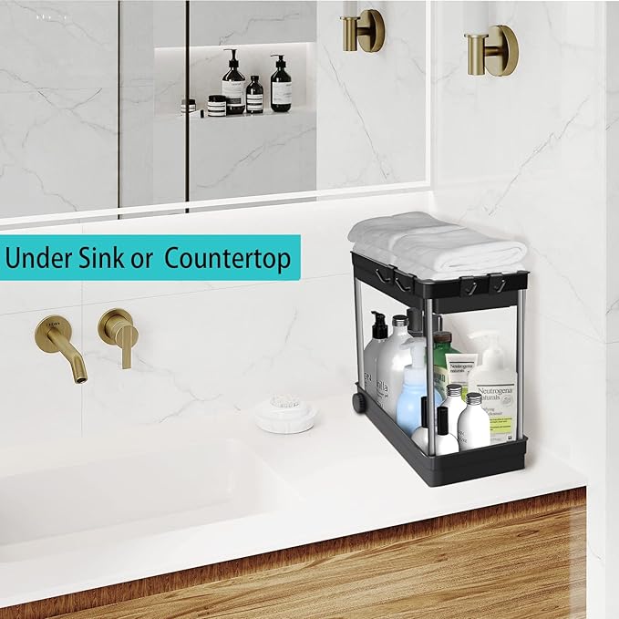 [Upgrade Wheels] Under Sink Organizers and Storage, Multi-Purpose 2 Tier Bathroom Organization Countertop or Undersink Shelf, Kitchen Under Cabinet Container Basket Caddy (1 Packs)
