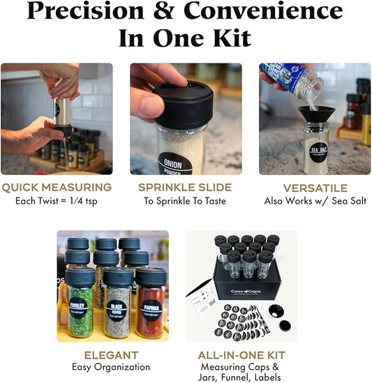 Glass Spice Jars & Measuring Caps Set - Twist Cap Measures 1/4 Tsp Container Keeps Spices Fresh & Organized - 4oz Spice Jars with Lids Includes Labels & Funnel -12 Pack