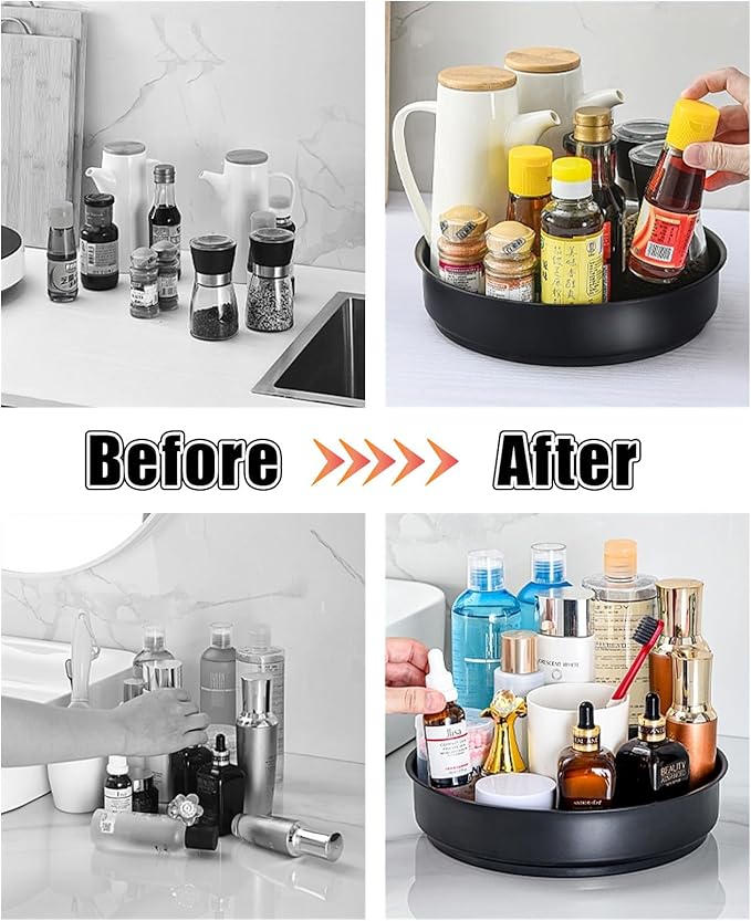 Lazy Susan Organizer - 2 Pack 10 Inch Stainless Steel Rotating Spice Racks with Turntable, Turntable Organizer for Cabinet Pantry Kitchen Countertop Bathroom Refrigerator Table Storage, Black