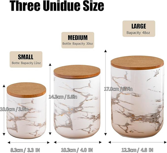 White Kitchen Canister Set of 3, Kitchen Countertop Ceramic Jars with Airtight Wood Lids, Storage Containers for Coffee Beans, Tea, flour, Grains, Salt, Marble Pattern