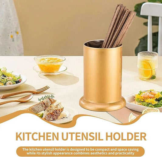 Kitchen Utensil Holder, Gold Stainless Steel Silverware Drainer Basket Cylinder Flatware Draining Organizer Drying Rack Straw Holder Silverware Caddy Organizer for Forks, Knives, Spoons, Chopsticks
