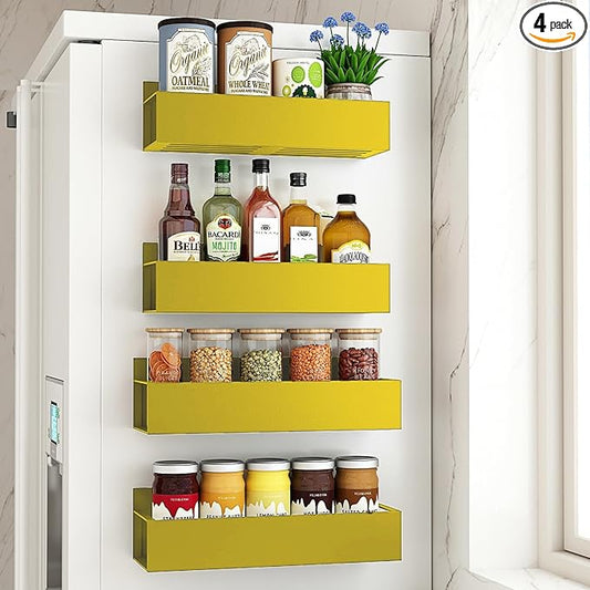 4 Pack Moveable Fridge Magnetic Spice Racks Metal Magnetic shelf for refrigerator Kitchen Spice Hang Storage Shelf (Gold)