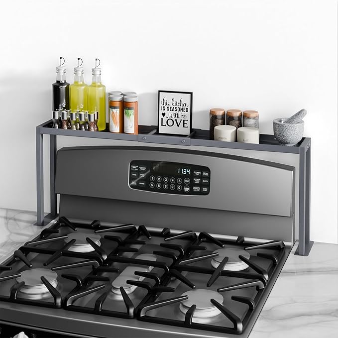 Bumusty Spice Rack Shelf for Kitchen Stove, 32" Stove Top Shelf, Stove Shelf for Back of Stove, Over the Stove Shelf, Kitchen Organizers, Oven Shelf for Top of Stove, Grey