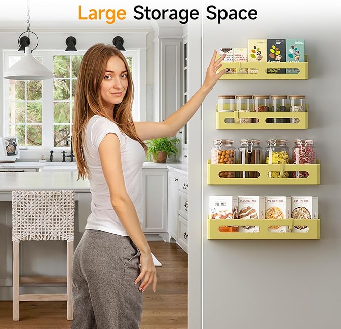 4 Pack Magnetic Spice Rack for Refrigerator, Spice Rack Organizer, Moveable Magnetic Shelf Fridge Organizer with 4 Hooks for Kitchen and Oven Organization, Yellow