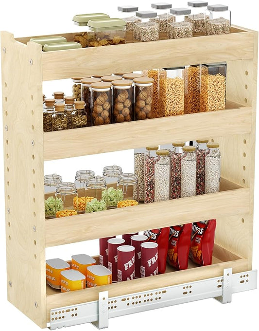 ROOMTEC Pull Out Cabinet Organizer with U Bracket,7½”W x 24½”H 4-Tier Adjustable Kitchen Spice Rack, Spice Rack Organizer for Narrow Cabinet Drawers Slide Out, Soft Close