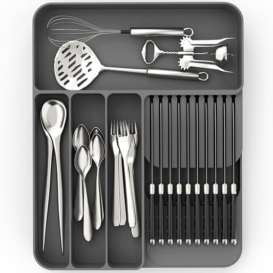 OUTXE Silicone Silverware Drawer Organizer, Non-Slip Utensil Organizer for Kitchen Drawers, Cutlery Tray with Extra Knife Block, 4 Compartments Flatware Organizer for Spoon and Fork, Grey