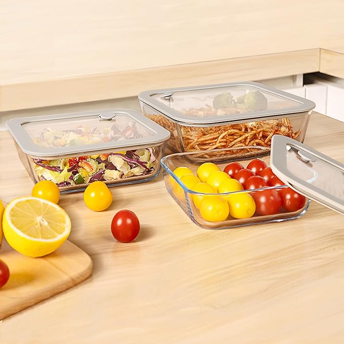 Glass Food Containers with Glass Lid, Microwave Safe Glass Food Storage Container Set, 3 Pack, Square Shape, Glass Food Containers with Lids, Glass Meal Prep containers with Leak Proof Lid.