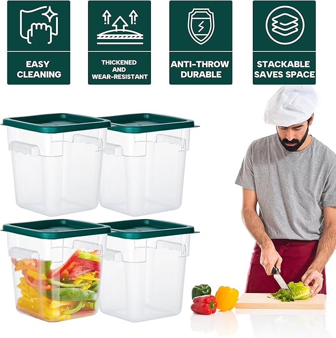 4 Pack Food Storage Containers with Lids, 4 Quart Square Commercial Food Containers, NSF, Polycarbonate, Clear