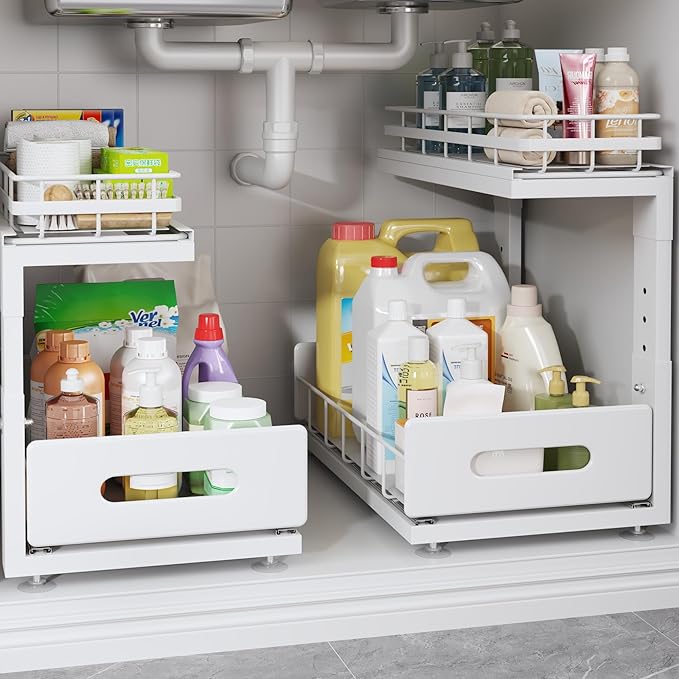 2 Pack Under Sink Organizer Upgrade to Professional Rails,2-Tier Dual Pull Out Cabinet Storage,Height Adjustable Slide Out Drawers for Bathroom Kitchen,Under Sink Shelf-White