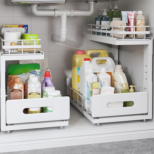 2 Pack Under Sink Organizer Upgrade to Professional Rails,2-Tier Dual Pull Out Cabinet Storage,Height Adjustable Slide Out Drawers for Bathroom Kitchen,Under Sink Shelf-White