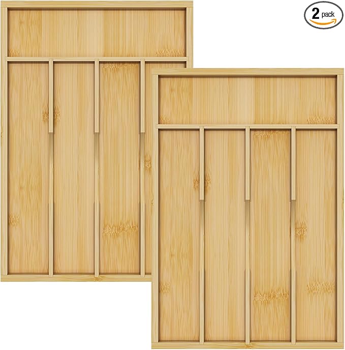 Bamboo Utensil Organizer for Kitchen Drawers, Utensil Tray and Cutlery Silverware Holder,Wood Drawer Dividers with 5 Slots（2 pack）