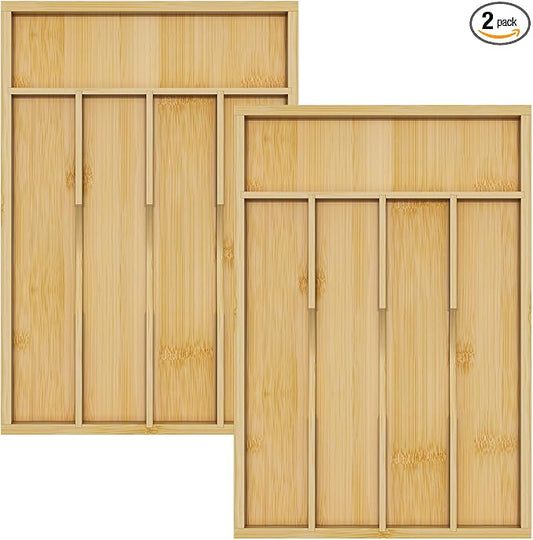 Bamboo Utensil Organizer for Kitchen Drawers, Utensil Tray and Cutlery Silverware Holder,Wood Drawer Dividers with 5 Slots（2 pack）