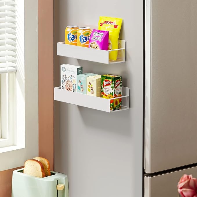 2 Pack Moveable Fridge Magnetic Spice Racks,Metal White