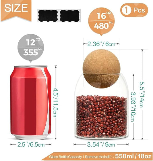 ComSaf Glass Storage Container with Ball Cork, 16 oz Small Glass Jar with Cork Lid, 1 Pack Candy Jar, Cute Decorative jar for Tip, Change, Salt, Sugar, Cookies, Bathroom Cotton Swab Qtip Holder