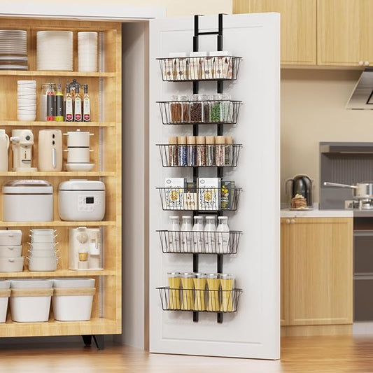 6 Tier Over the Door Pantry Organizer, Over the Door Spice Rack with Adjustable Baskets, Metal Hanging Door Pantry Organizers and Storage for Kitchen Bathroom Bedroom, Black