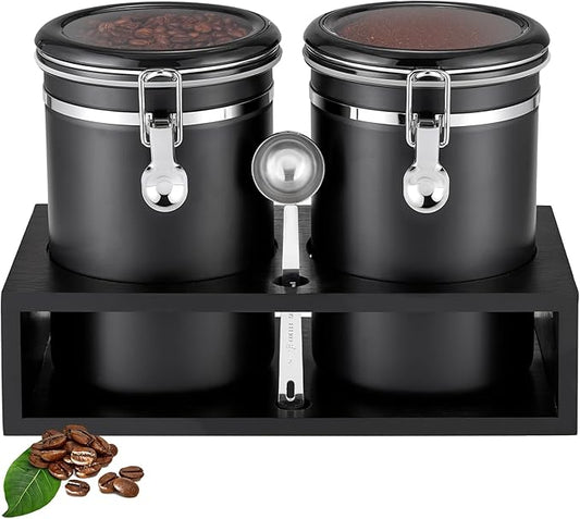 Yangbaga 2x63OZ Sugar Coffee Canisters with Shelf, 304 Stainless Steel Coffee Station Container for Ground Coffee Bean Storage with Airtight Locking Clamp&Scoop, Cereal Containers Storage for Kitchen