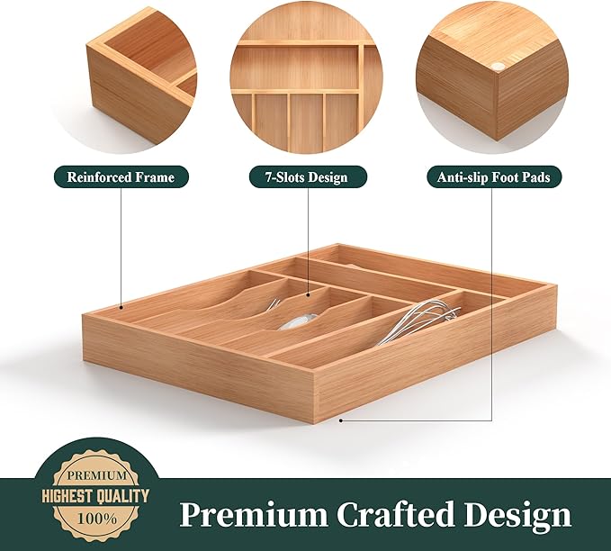 Bamboo Silverware Organizer, Kitchen Drawer Organizer, Utensil Holder, Cutlery Tray & Spoon Flatware Storage with Grooved Drawer Dividers (7 Slots, Natural)