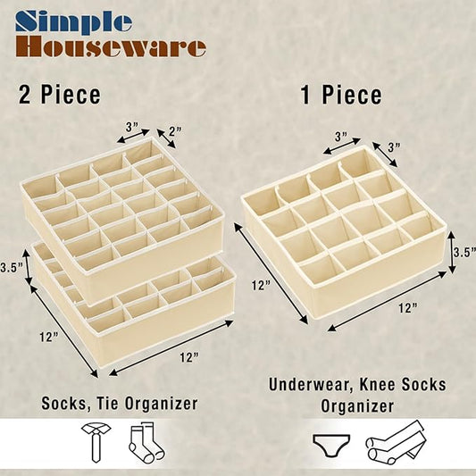 Simple Houseware Sock Drawer Organizer for Dresser/Closet/Bedroom, 3 Pack, Beige