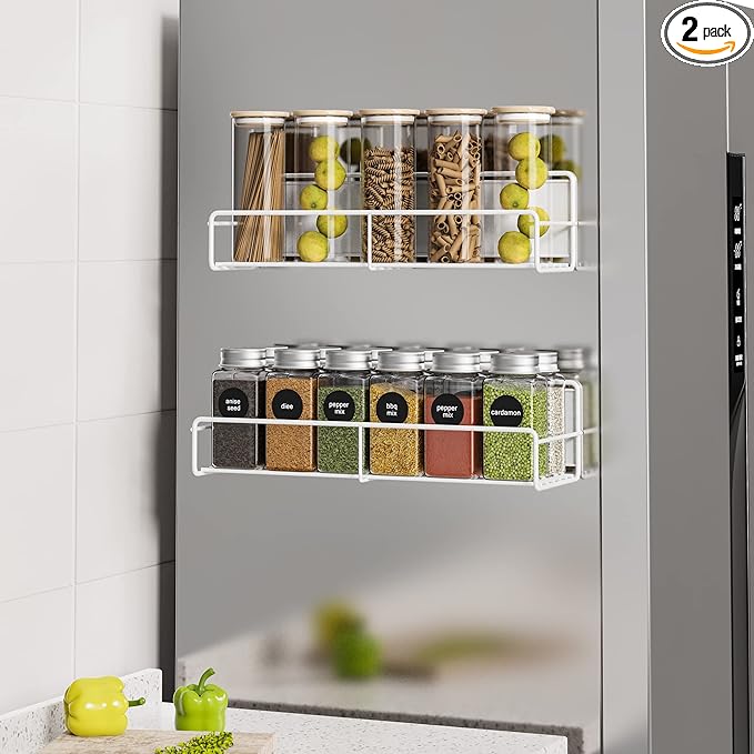 2 Pack White Magnetic Spice Rack Organizer, Space Saver for Refrigerator and Whiteboard, Metal Fridge Shelf for Kitchen and Classroom