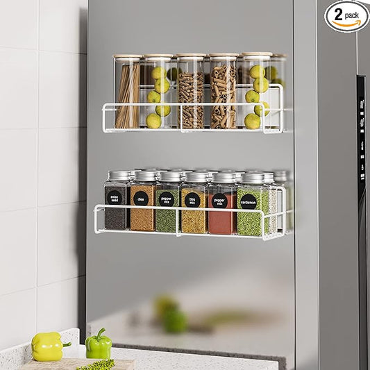 2 Pack White Magnetic Spice Rack Organizer, Space Saver for Refrigerator and Whiteboard, Metal Fridge Shelf for Kitchen and Classroom