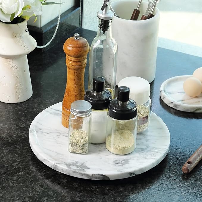 Marble Lazy Susan, 12 in Lazy Susan Turntable Organizer for Cabinet Pantry Kitchen Countertop Fridge Bathroom Makeup Vanity Countertop, Detachable Lazy Susan for Table Top, Arabescato