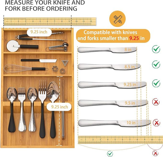 Yofidra Pure Bamboo Silverware Drawer Organizer: 16.5 Inch Large Silverware Utensil Tray Holder, 3-Compartment with 6 Card Slots Kitchen Flatware Organizer for Spoons Forks Knives, 2024 New Upgrade