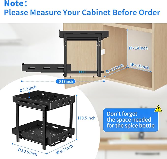 Pull Out Spice Rack Organizer, 2-Tier Vertical Spice Rack, Height Adjustable for Kitchen Cabinet (9.7''Wx10.8''Dx9.2''H, Metal Black)