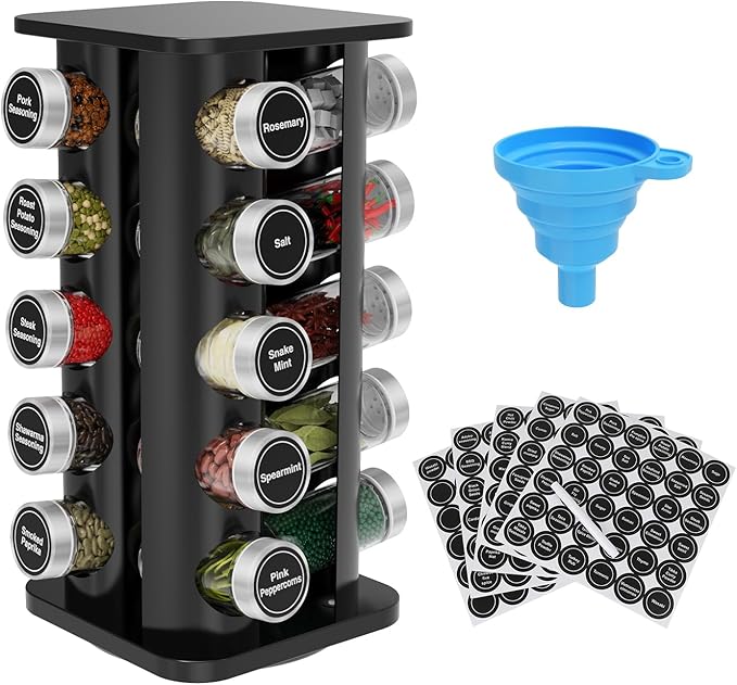 Rotating Spice Rack Organizer, Spice Tower for Countertop, Revolving Spice Rack Set for Cabinet, Black Steel Kitchen Seasoning Organizer with 20 Jars and Funnel Square-round