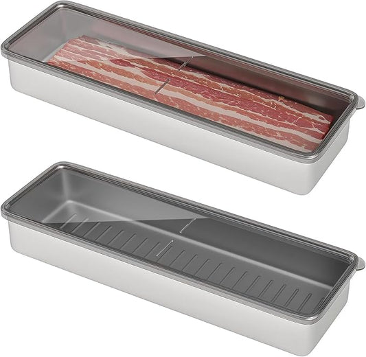 Freshmage Bacon Container for Refrigerator, 304 Stainless Steel Airtight Deli Meat Storage Container for Fridge Dishwasher Safe Long Kitchen Food Storage Containers with Lids with Elevated Base 1 PACK